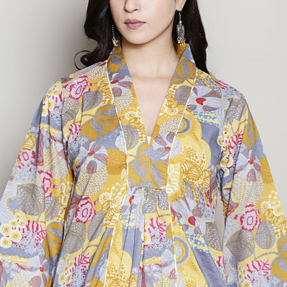 Printed yellow A-line kurta set