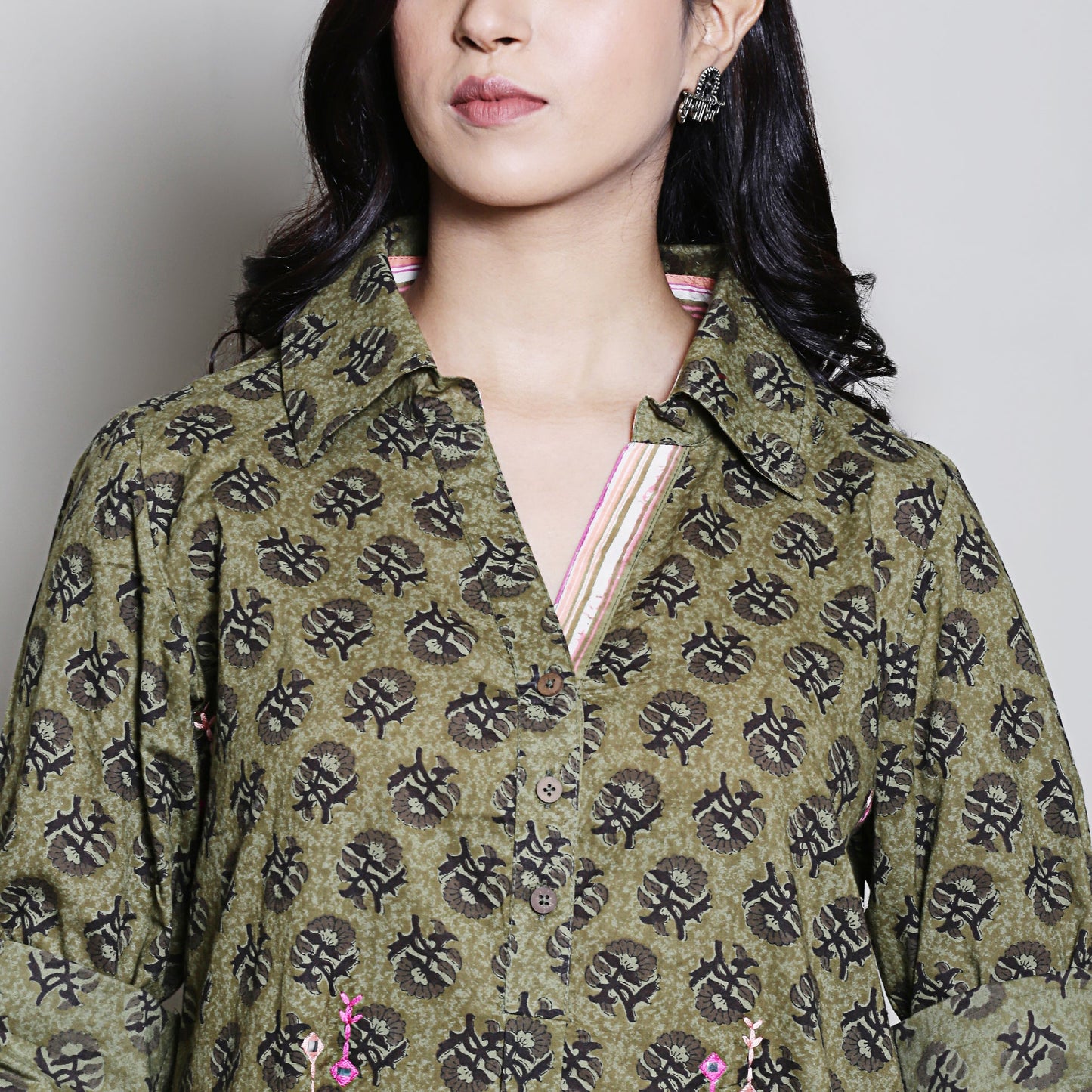 Block printed olive green co-ord set with embroidery and collar detailing