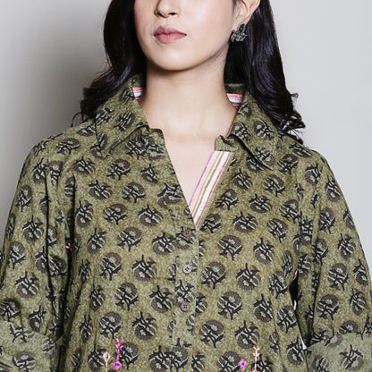 Block printed olive green co-ord set with embroidery and collar detailing