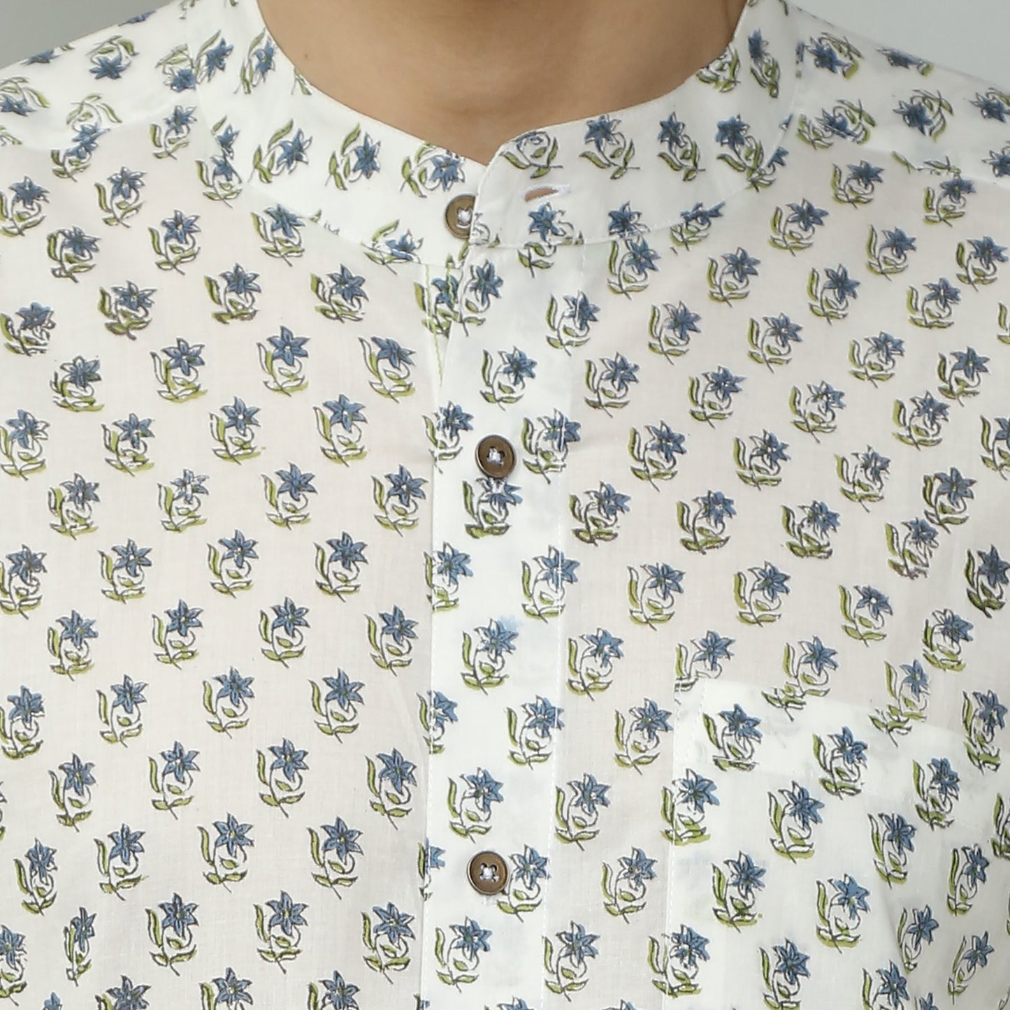 white Cotton printed half sleeves band collar shirt