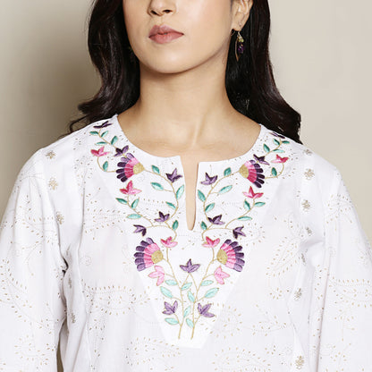 white printed kurta with neck embroidery