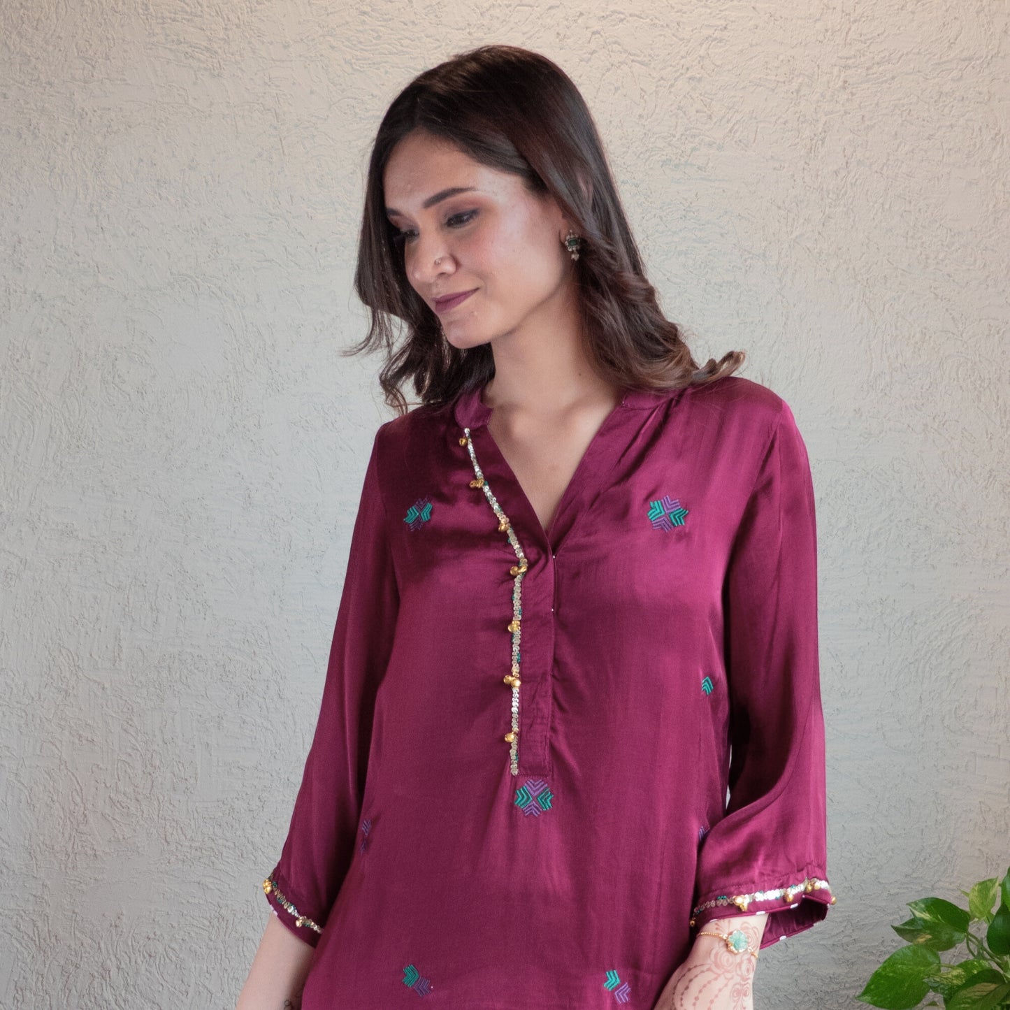 Wine Embroidered Kurta with Bandhani dhoti set