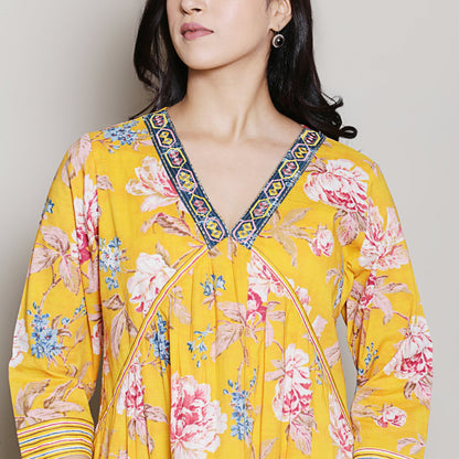 Floral printed yellow A line kurta set