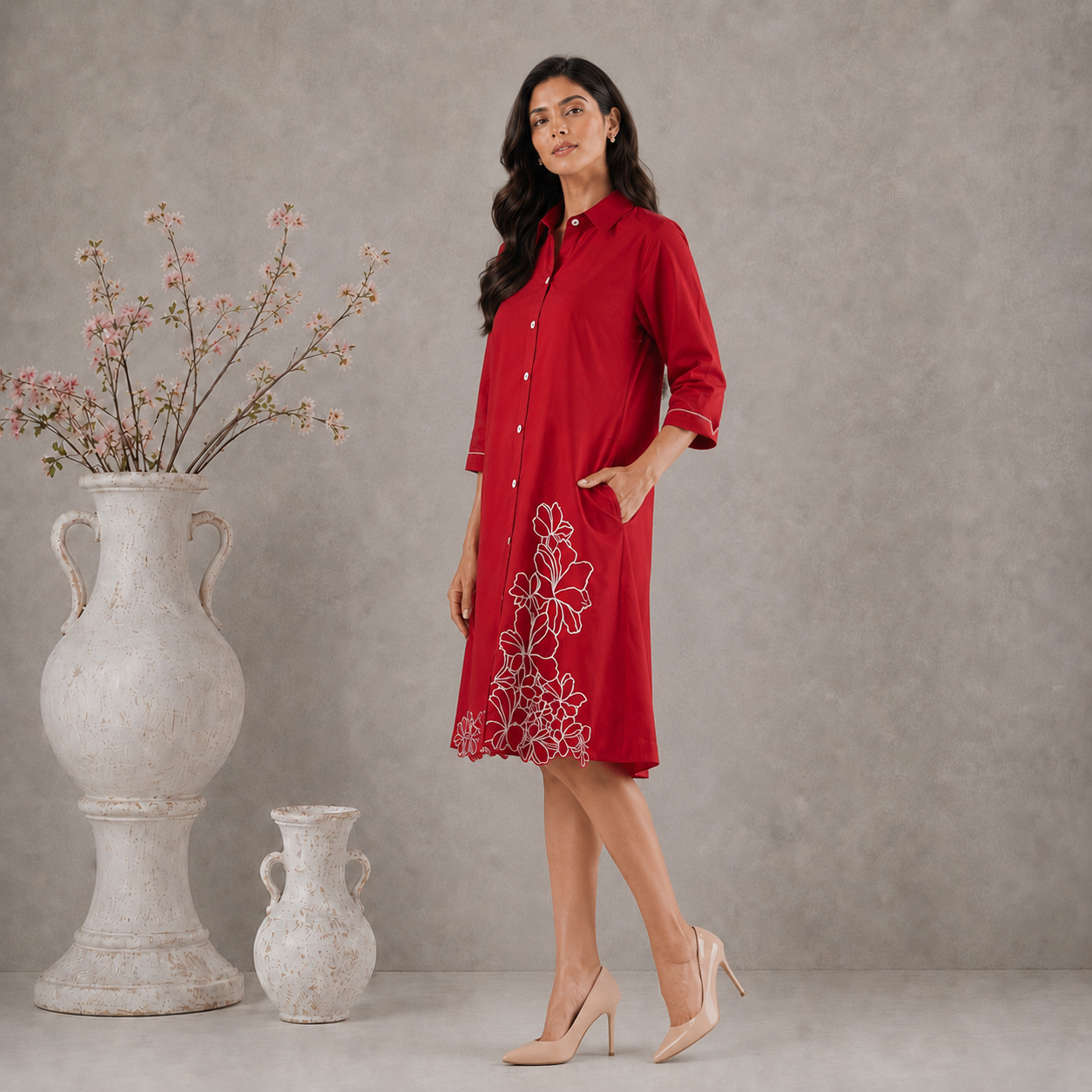 Red Cotton Floral embroidered Shirt dress with Pockets