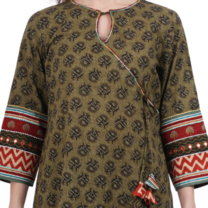 Olive Green Block Printed agarkha Kurta Set