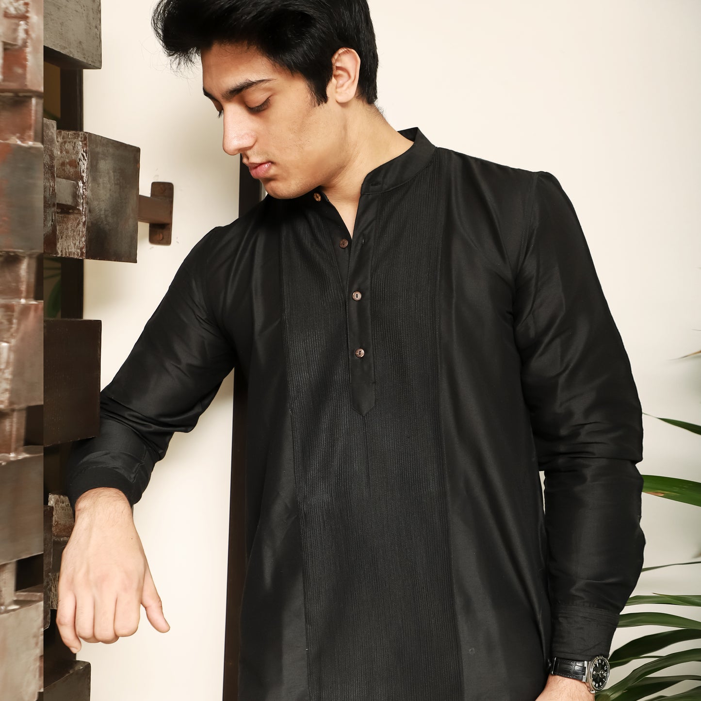 black men's band collar cotton silk kurta