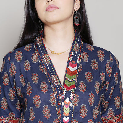 Block printed navy blue embroidered kurta set with dhoti pants