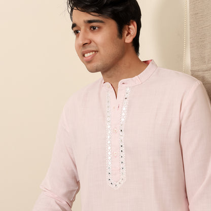 pink men's band collar cotton blend kurta