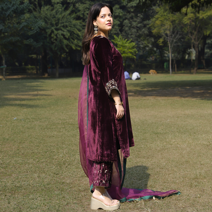 Wine Velvet Hand embroidered kurta set with dupatta