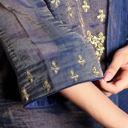 Navy Blue chanderi hand embroidered V-neck kurta set with dupatta