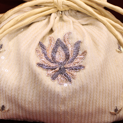 Cream Sequined Georgette hand embroidered Potli bag