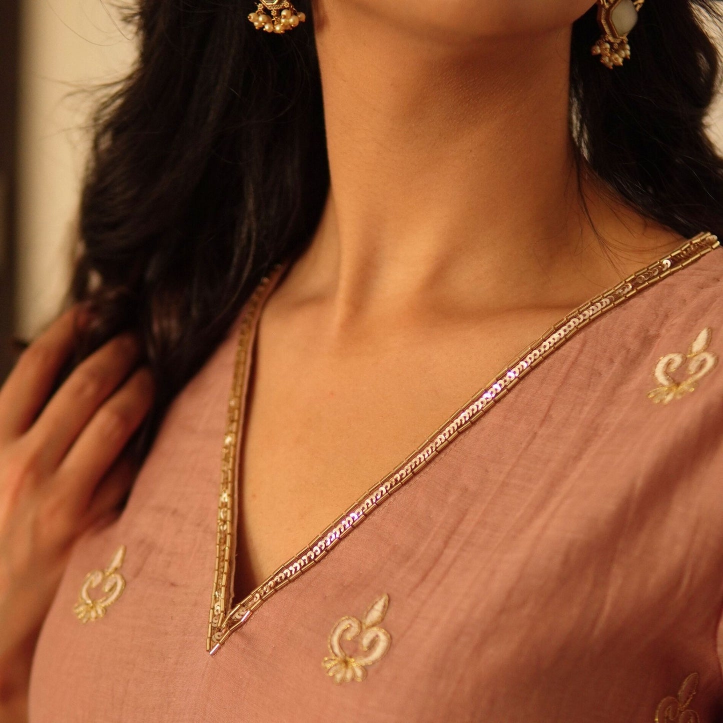 Mocha Chanderi embroidered Suit Set with Dupatta
