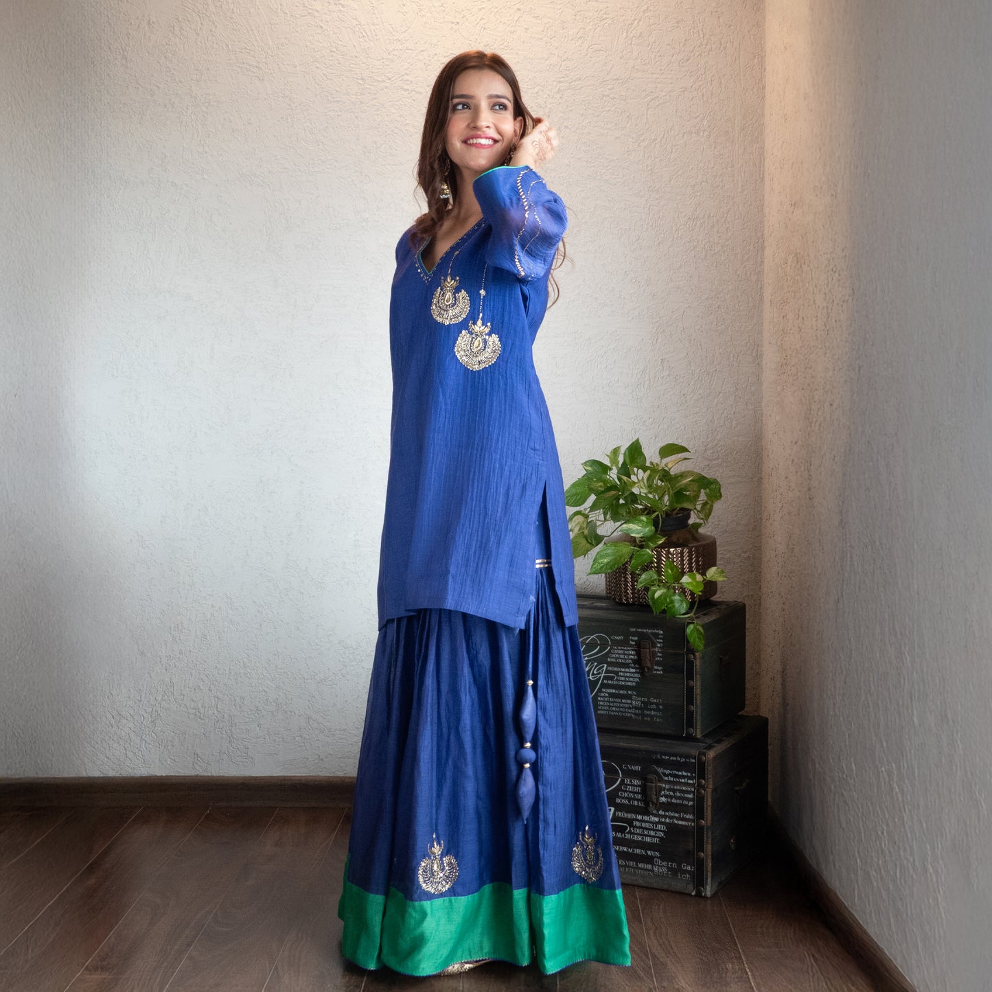 Blue Chanderi Sharara Set with Hand embroidered Moitfs