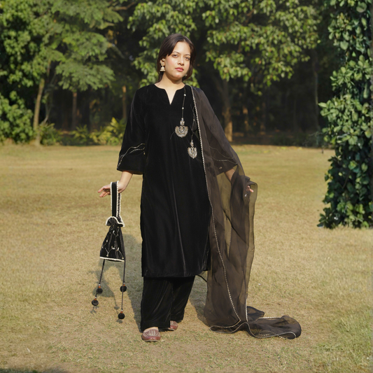 Black Velvet Chandbali Hand embroidered Kurta set with dupatta