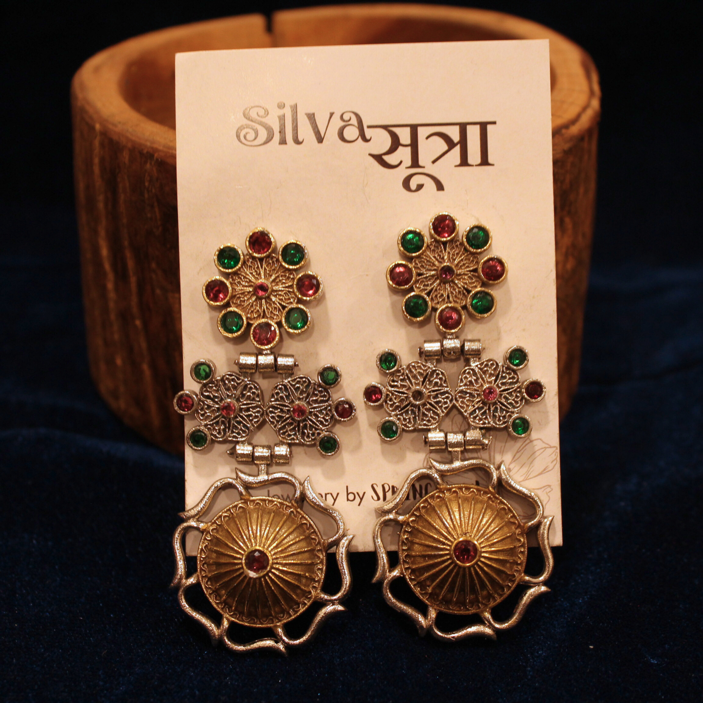 Ruby Emerald Heritage Drop Earrings - Gold Toned Close-up - Spring Soul
