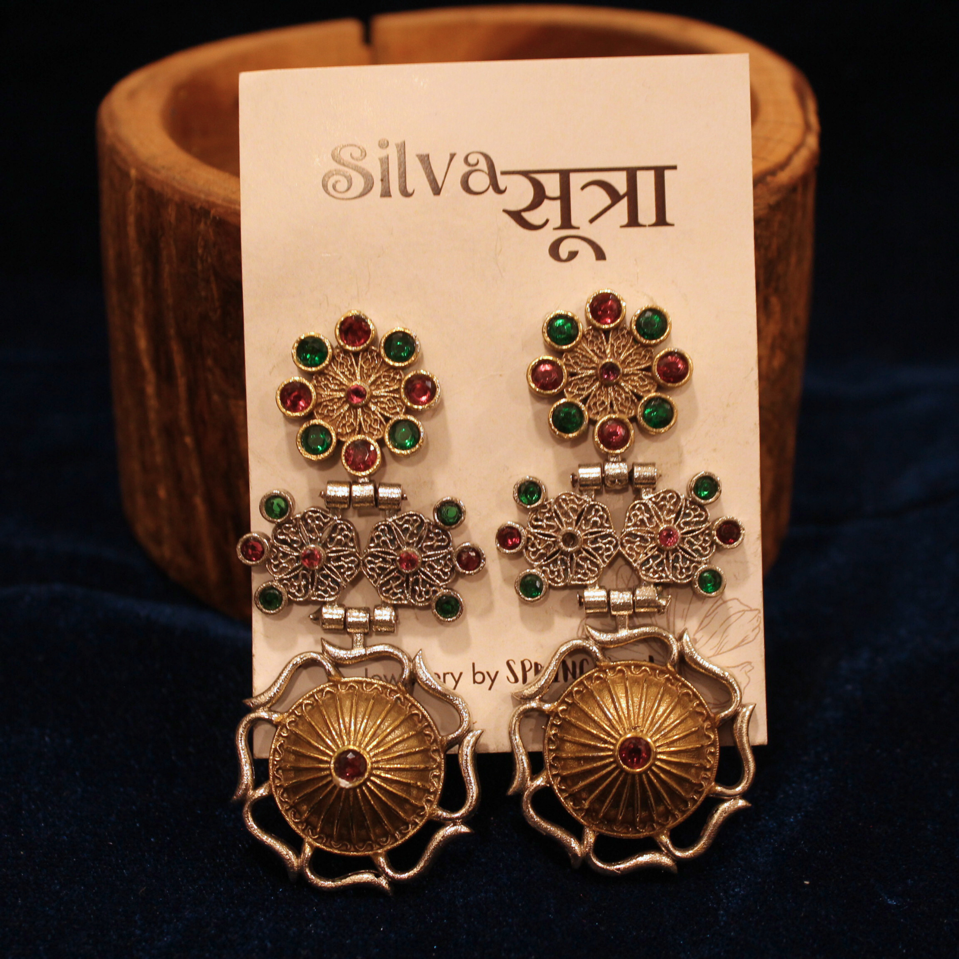 Ruby Emerald Heritage Drop Earrings - Gold Toned Close-up - Spring Soul