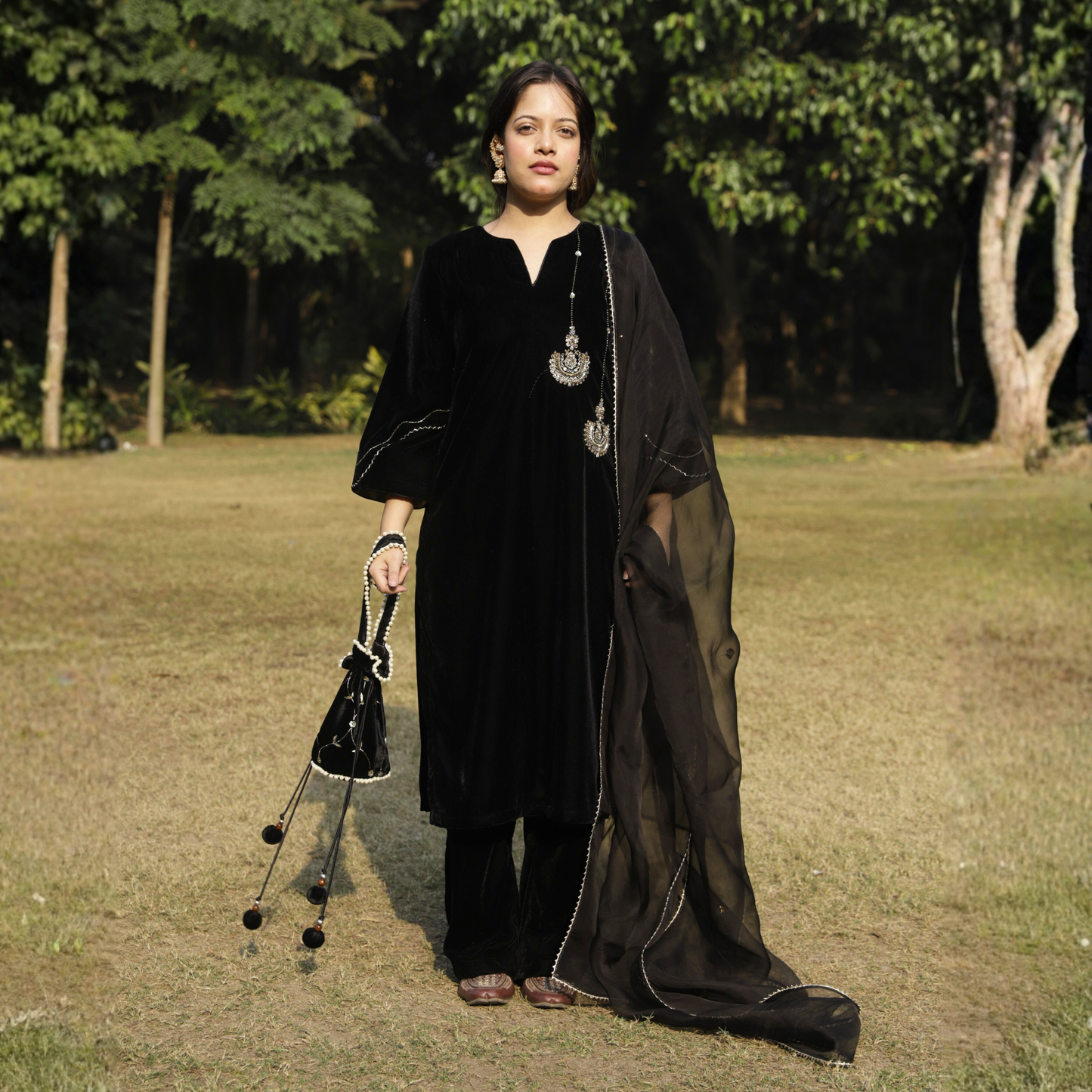 Black Velvet Chandbali Hand embroidered Kurta set with dupatta
