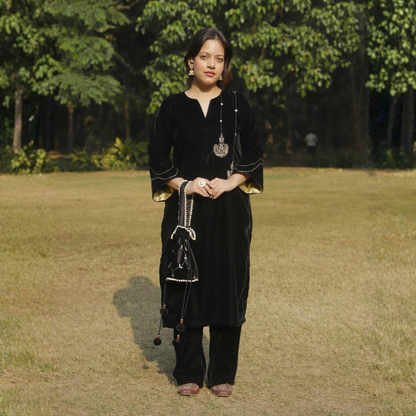 Black Velvet Chandbali Hand embroidered Kurta set