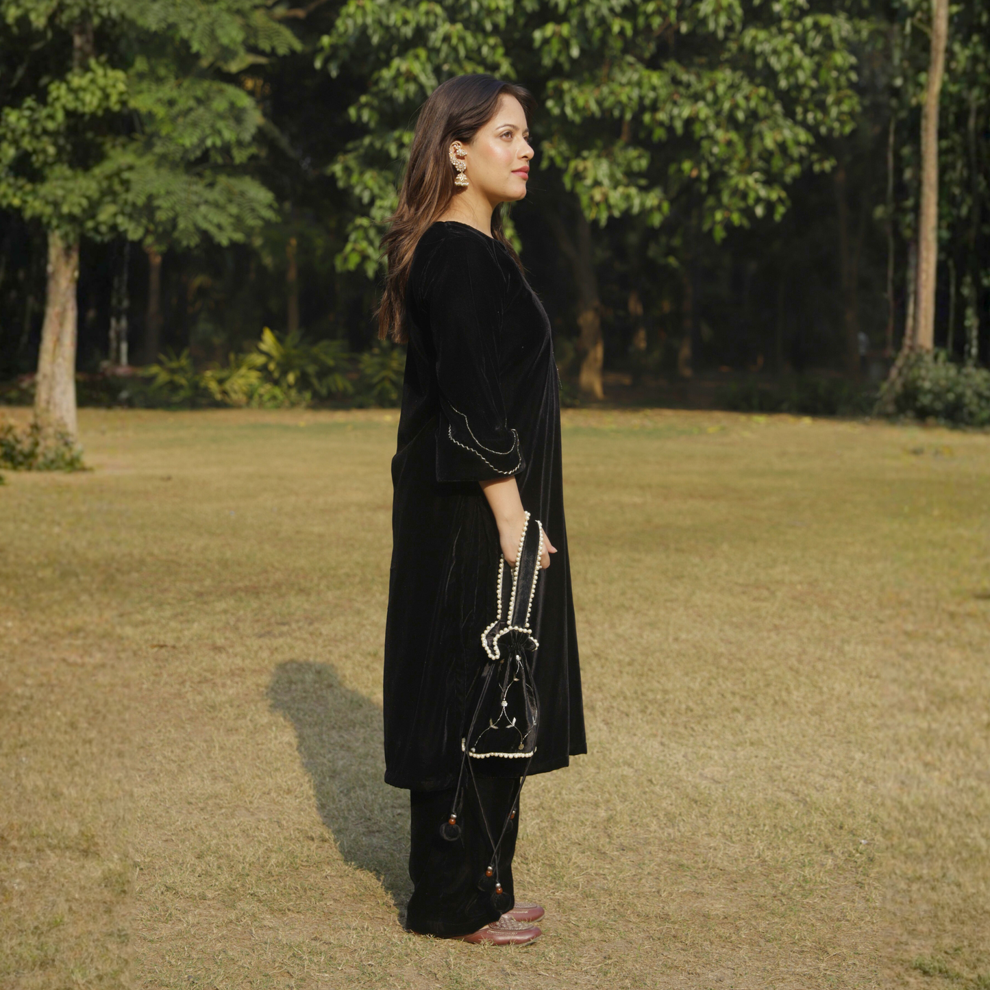 Black Velvet Chandbali Hand embroidered Kurta set