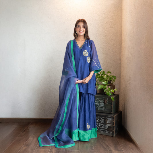 Blue Chanderi Sharara Set with Hand embroidered Moitfs with Dupatta