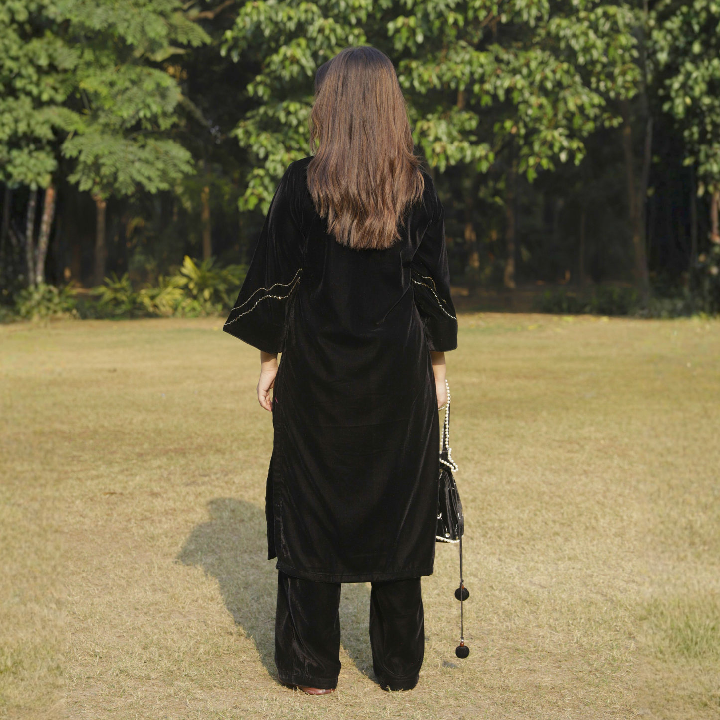 Black Velvet Chandbali Hand embroidered Kurta set with dupatta