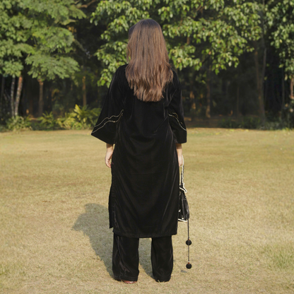 Black Velvet Chandbali Hand embroidered Kurta set