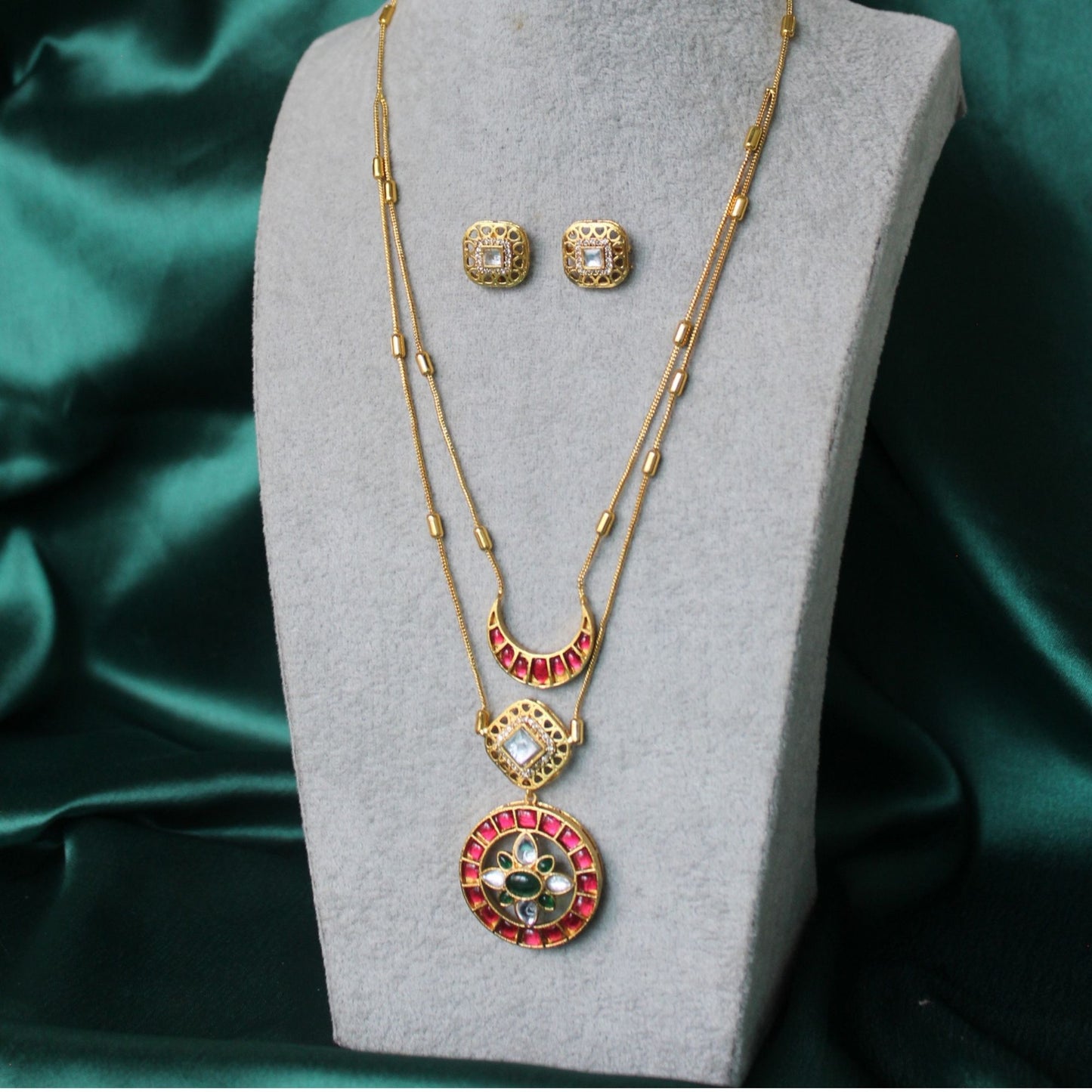 Gold-Toned Stone Work Floral Carved Necklace Set with Earrings