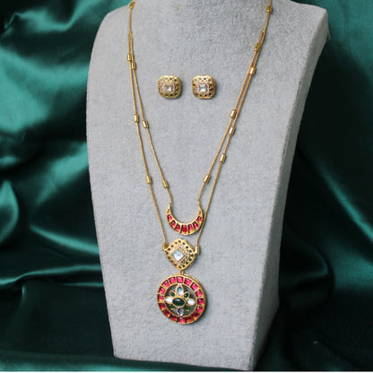 Gold-Toned Stone Work Floral Carved Necklace Set with Earrings