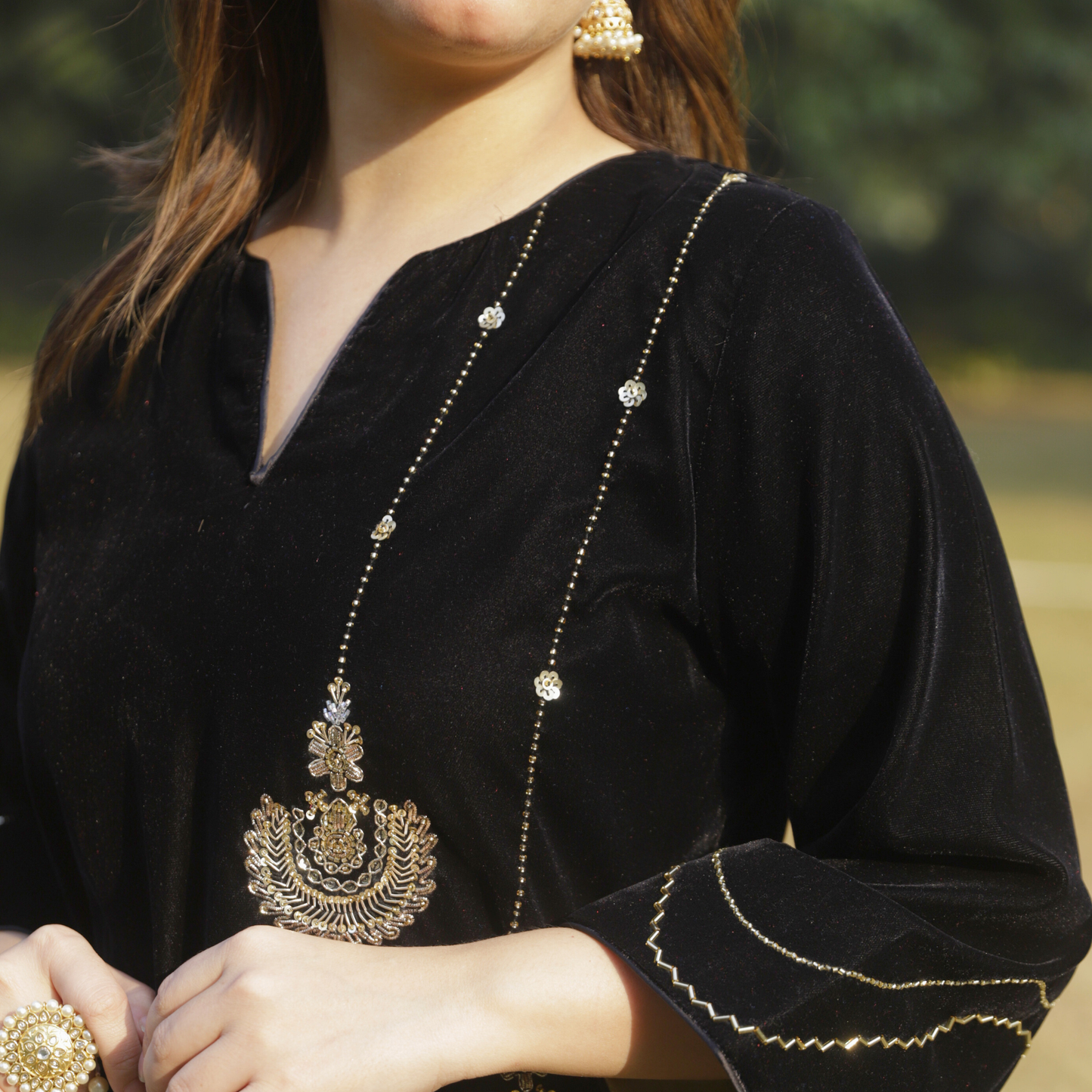 Black Velvet Chandbali Hand embroidered Kurta set
