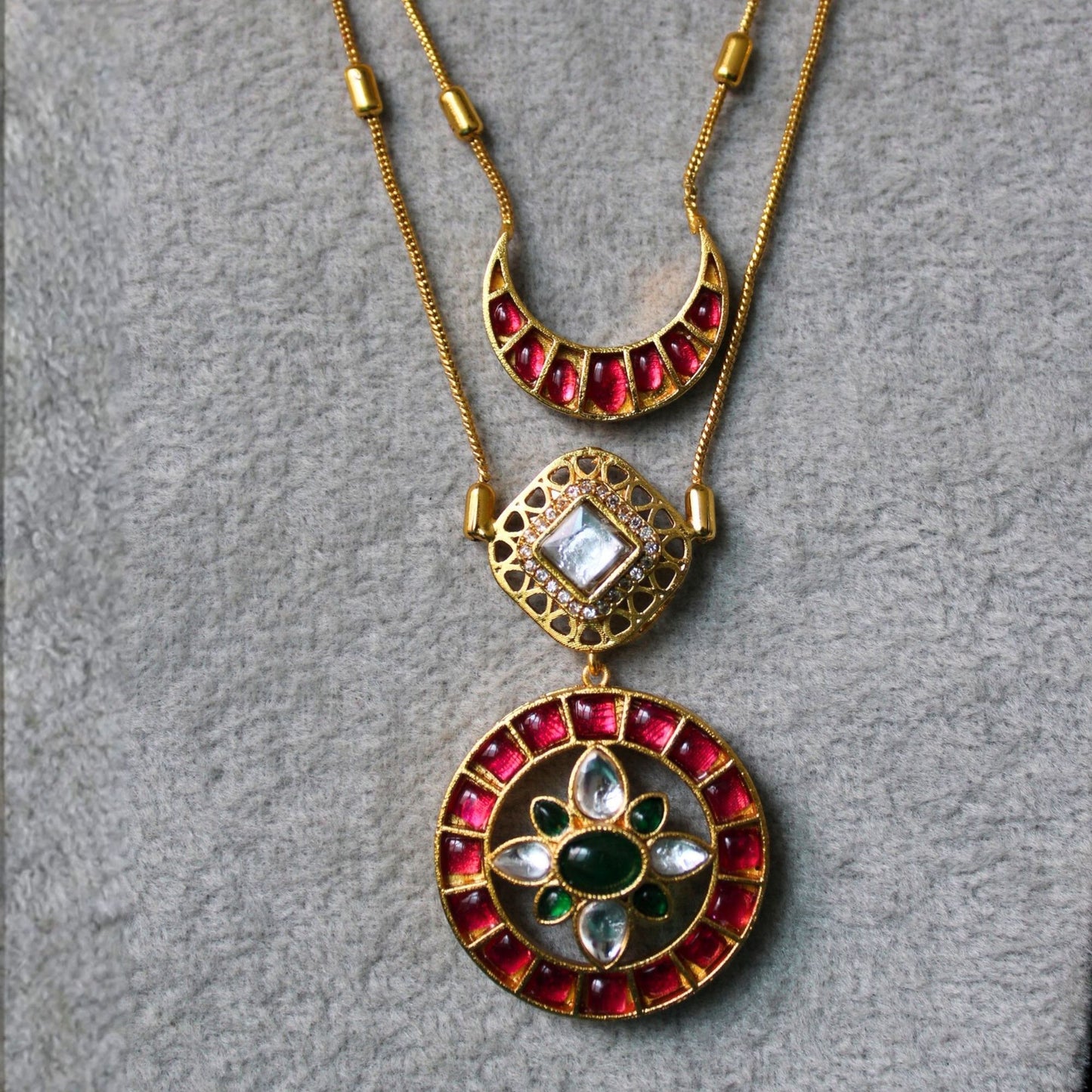 Gold-Toned Stone Work Floral Carved Necklace Set with Earrings