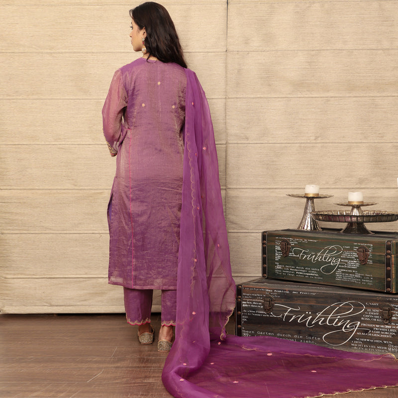 Embroidered purple metallic chanderi kurta set