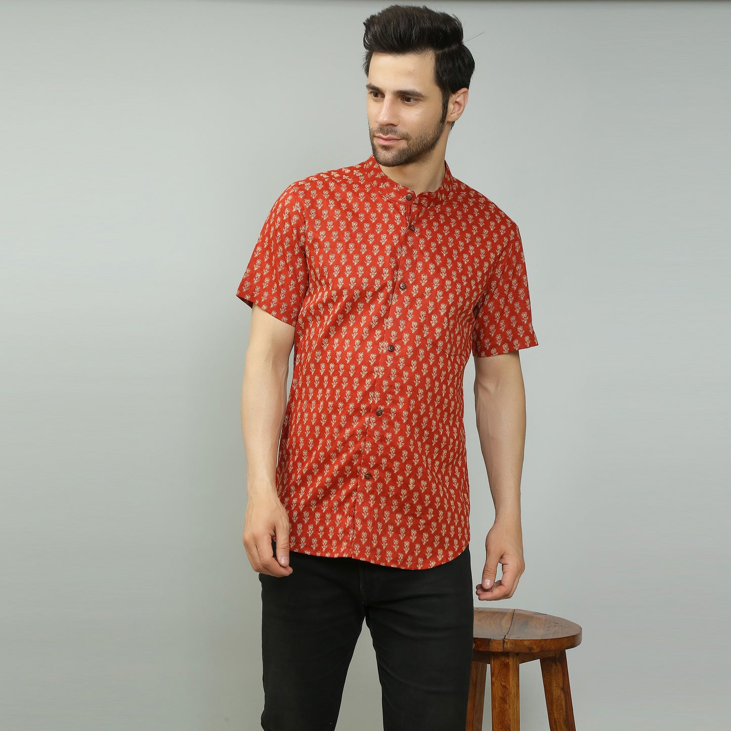 maroon Cotton printed half sleeves band collar shirt