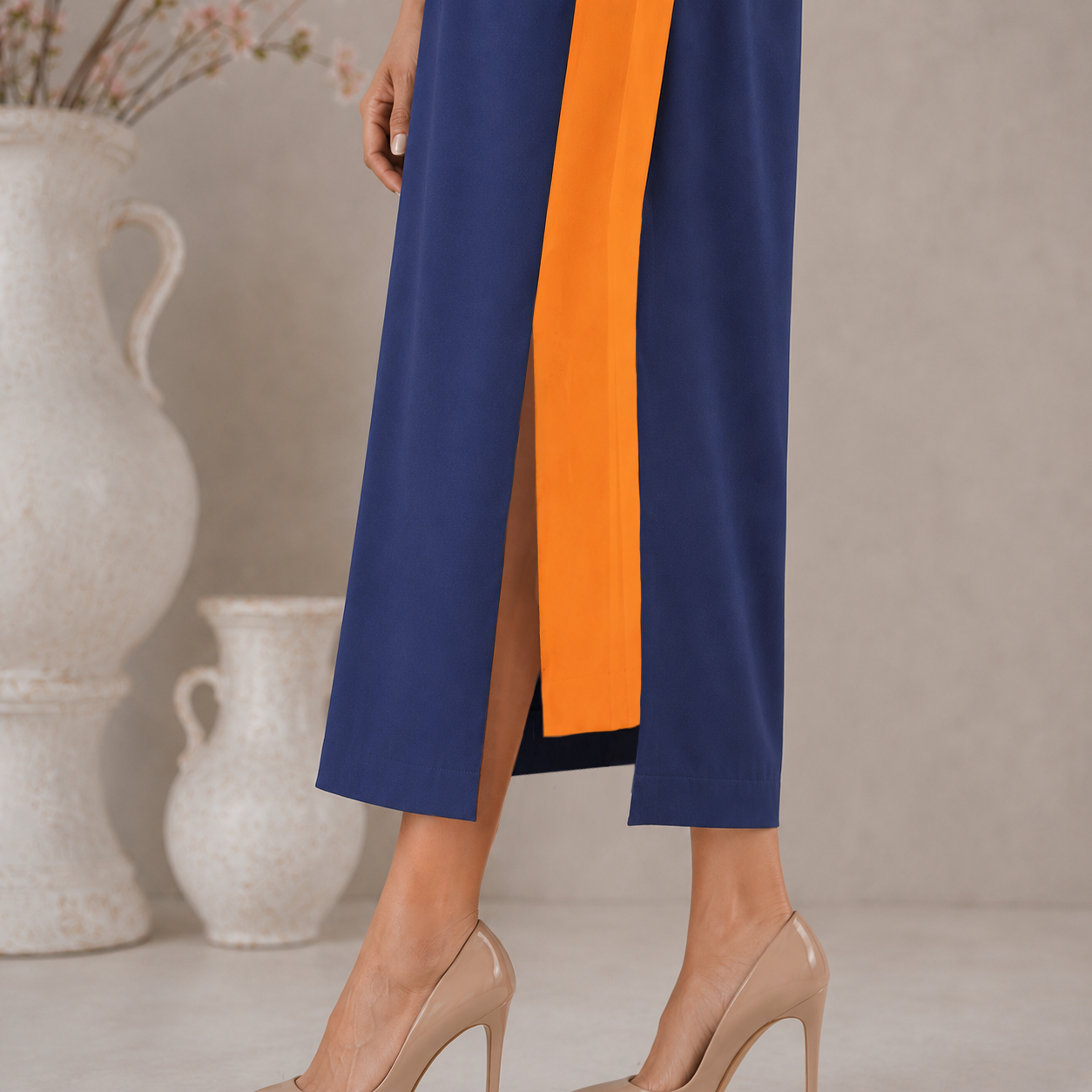 Navy Blue and Orange Colorblocked Panel dress