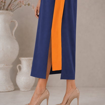 Navy Blue and Orange Colorblocked Panel dress