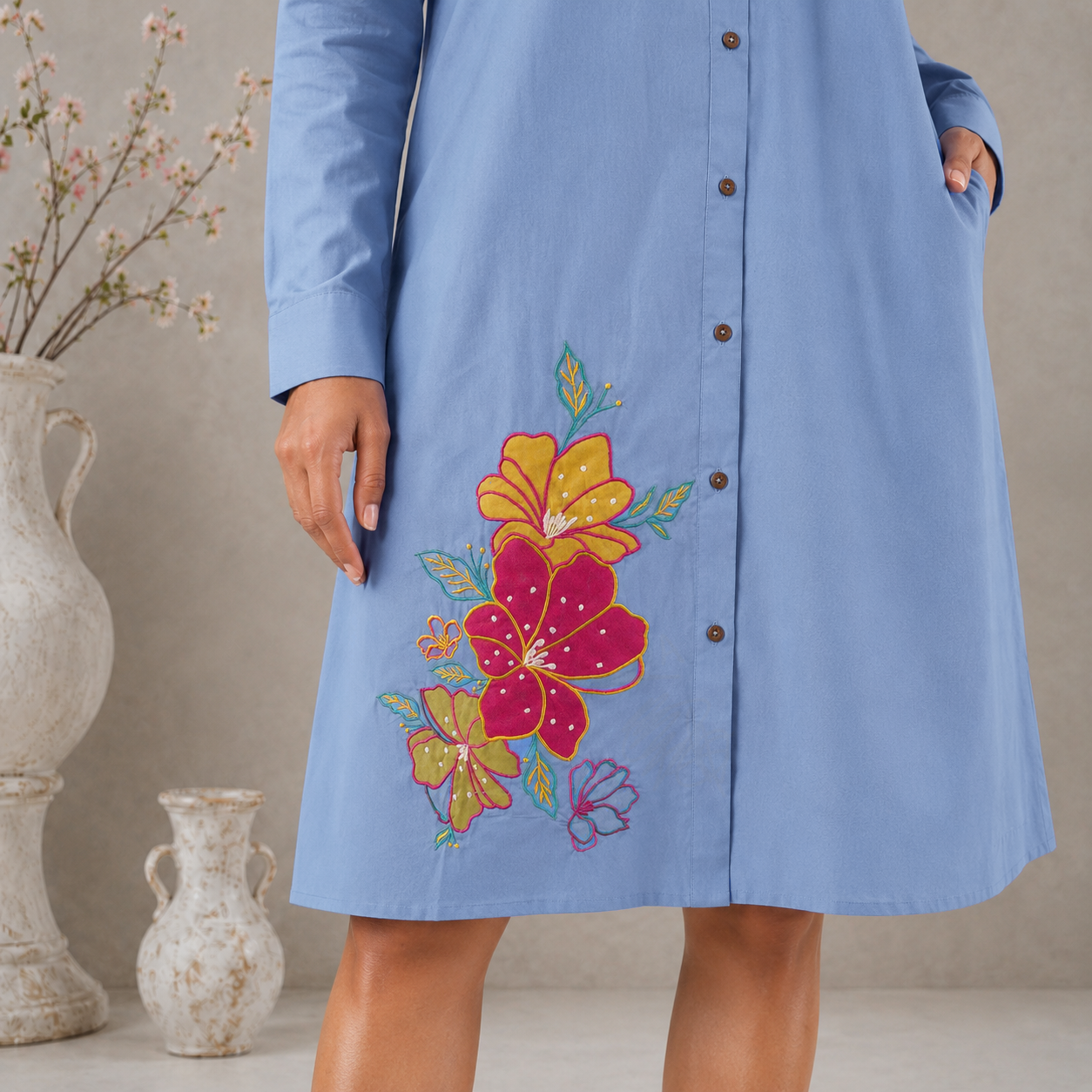 Blue Cotton Floral Applique Shirt dress with Pockets