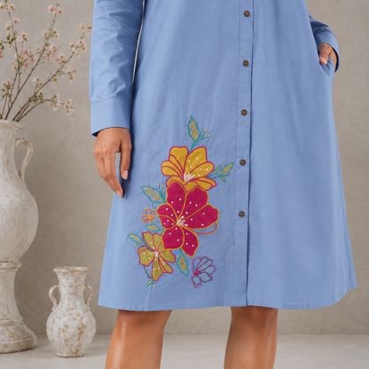 Blue Cotton Floral Applique Shirt dress with Pockets