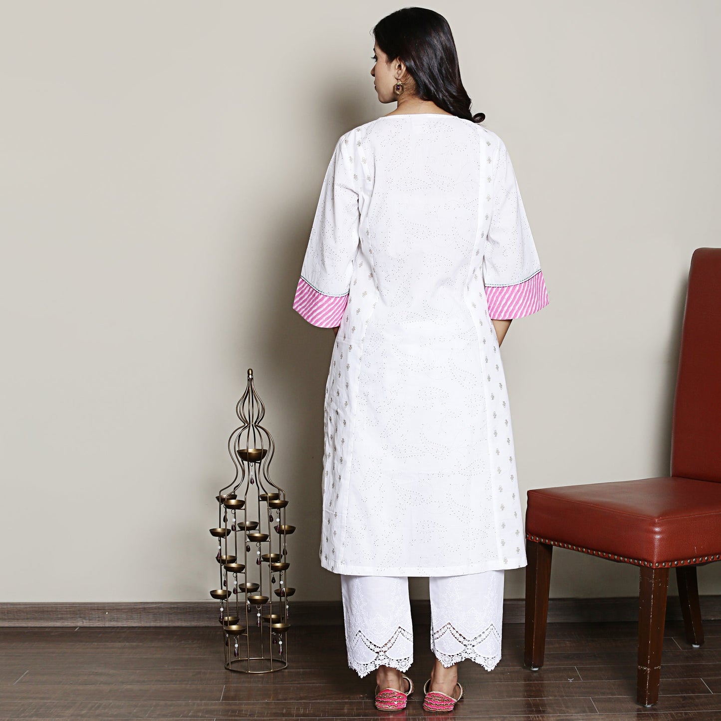 white printed kurta with neck embroidery
