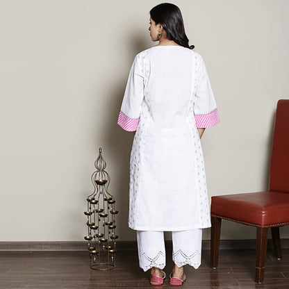 white printed kurta with neck embroidery