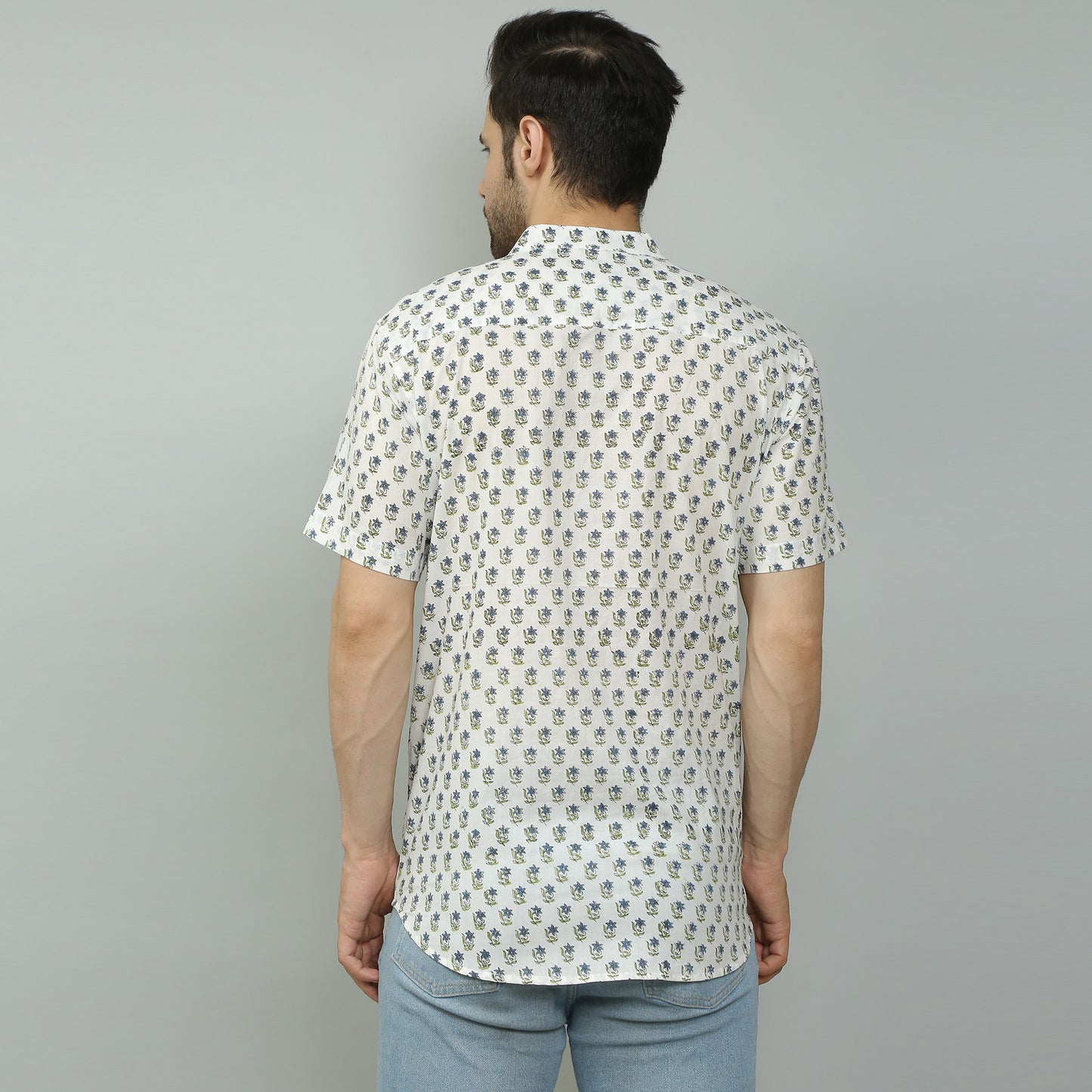 white Cotton printed half sleeves band collar shirt