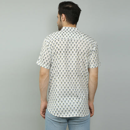 white Cotton printed half sleeves band collar shirt