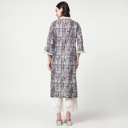 Grey Printed lace detailing kurta