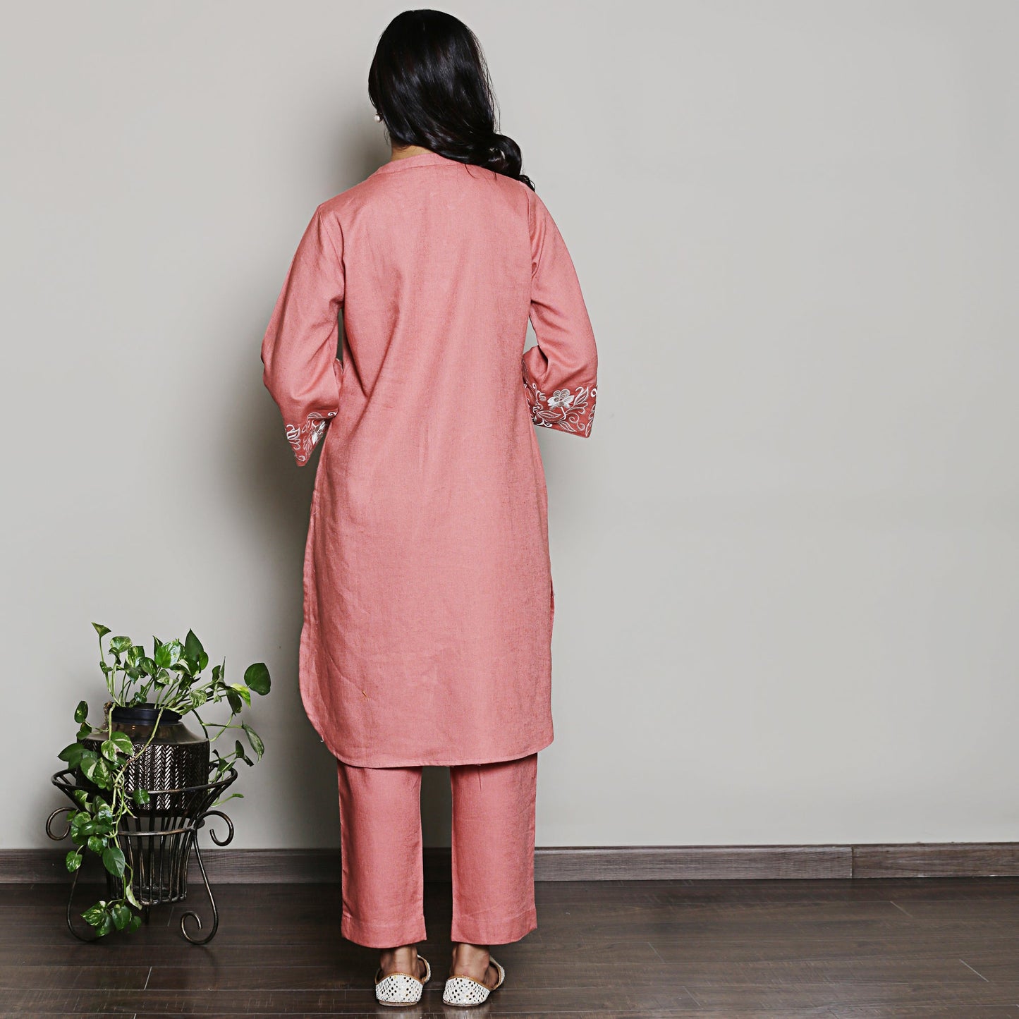 Peach co-ord set with sleeves embroidery