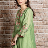 Green chanderi embroidered kurta set with ombre dupatta