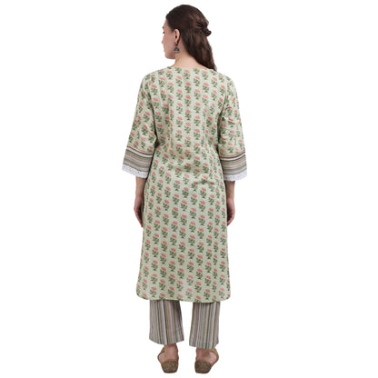 Green Cotton printed Kurta Set with embroidery