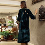 Teal Embroidered Velvet Kurta Set with Mashru Silk Pants & Dupatta