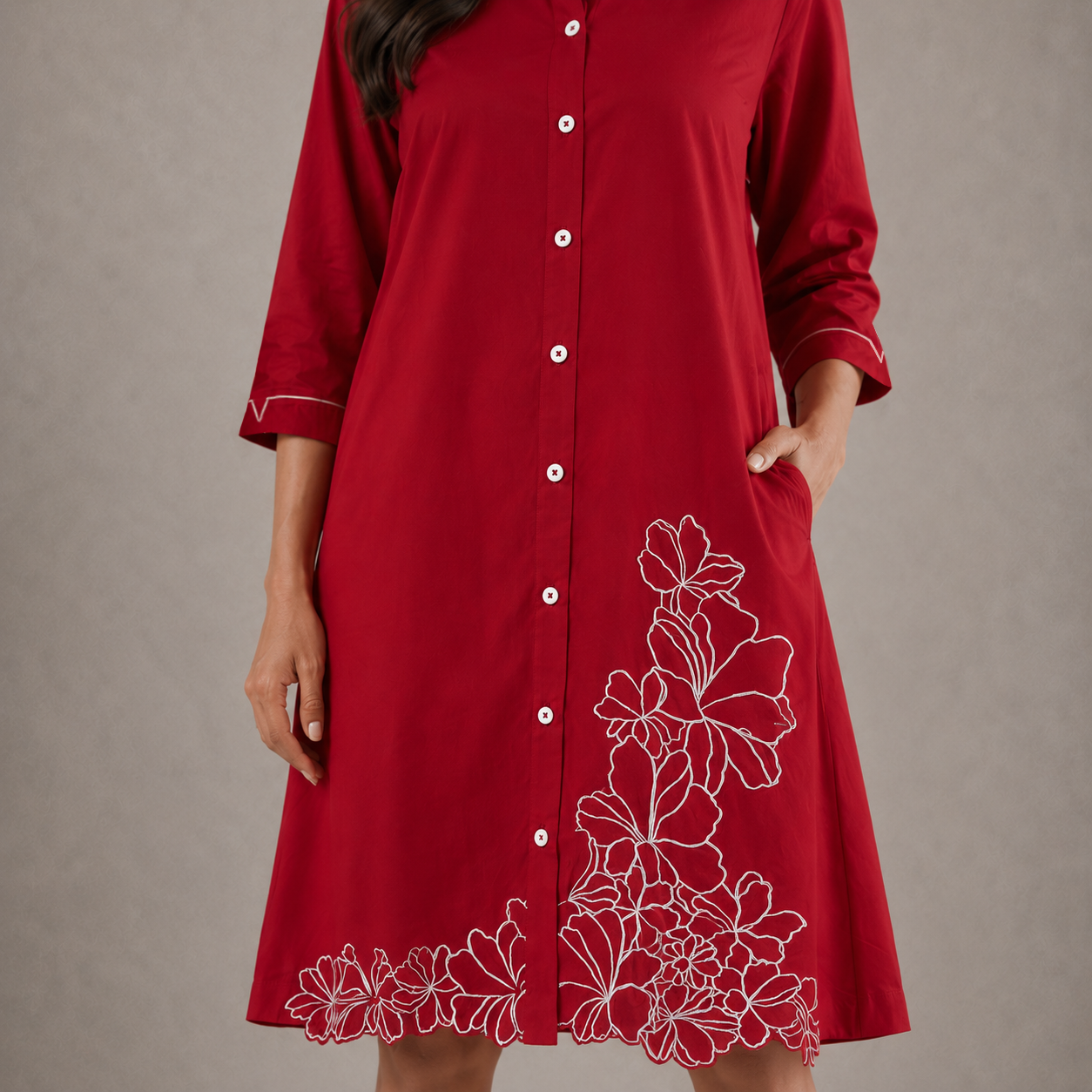 Red Cotton Floral embroidered Shirt dress with Pockets