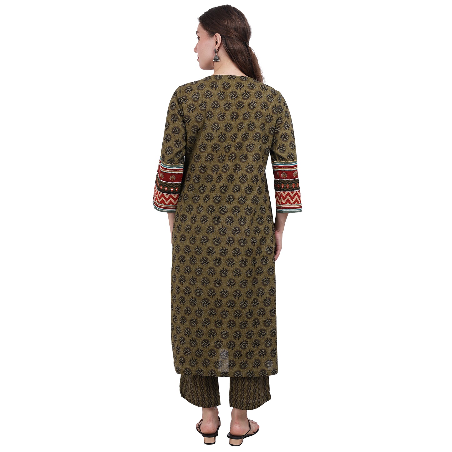 Olive Green Block Printed agarkha Kurta Set
