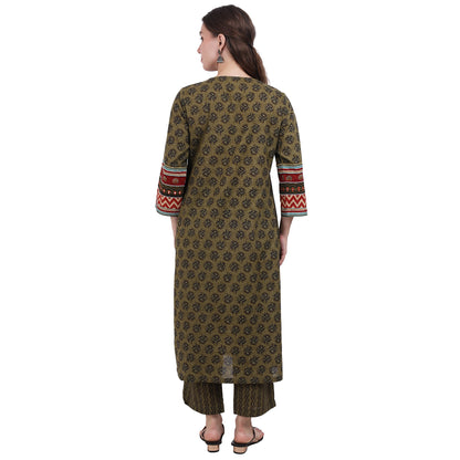 Olive Green Block Printed agarkha Kurta Set