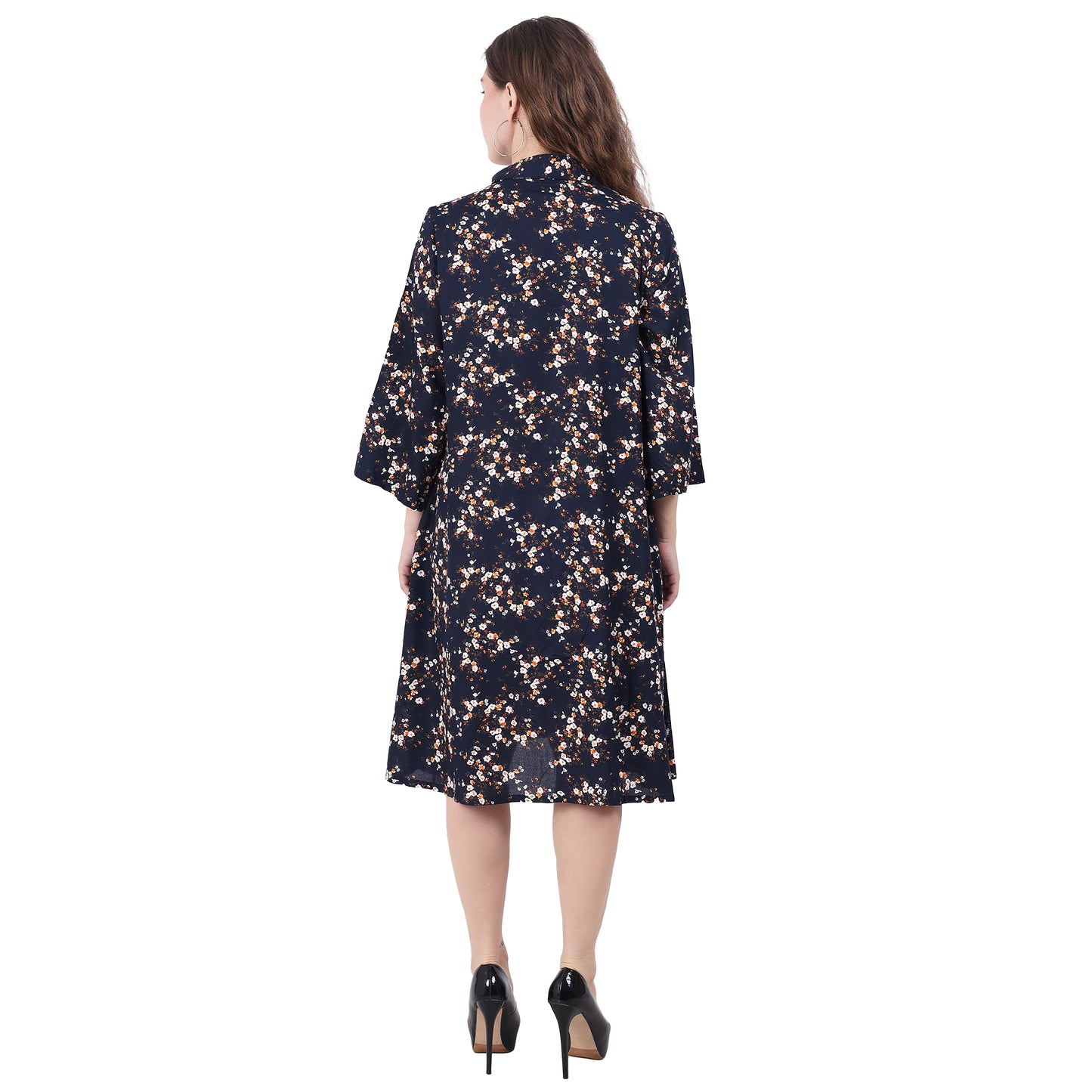 cotton viscose Collared floral Printed Knee-Length Dress