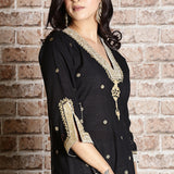 Black cotton jamdani A-line embroidered kurta set